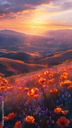 California's Poppy Fields at Dawn: A Tranquil High-Definition Landscape Wallpaper