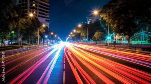 The light trails on the modern building background in city © artisttop