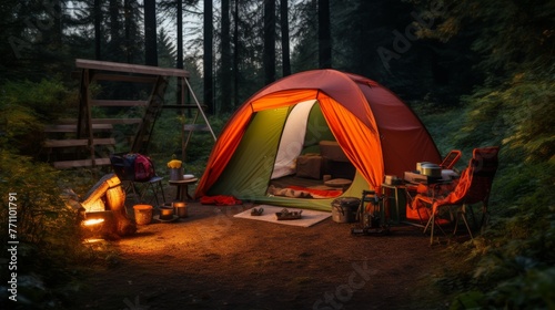 An orange tent with a sleeping bag  a kitchen set and a flashlight against the backdrop of a green clearing in the forest --ar 16 9 --quality 0.5 --v 5.2 Job ID  ffdea772-ac0f-4c27-83d0-4360fe819c85