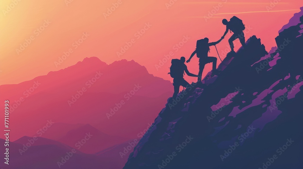 Climbers reaching the summit at sunset, Concept of teamwork, achievement, and adventure
