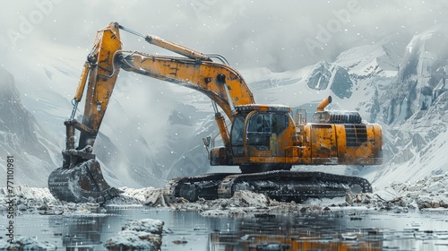 Excavator operating in a snowy mountain region, Concept of construction, heavy-duty machinery, and challenging environments
