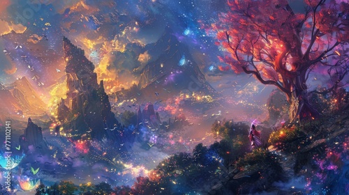 In an artistic wallpaper design, whimsical fantasy characters dance gracefully amidst dreamy landscapes, creating a vibrant close-up that ignites the imagination. photo