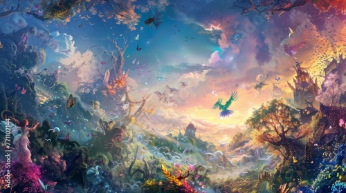 Gracefully dancing amidst dreamy landscapes, vibrant close-up of whimsical fantasy characters in an artistic wallpaper design ignites the imagination.