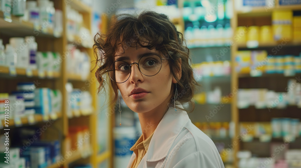 Female pharmacist in a pharmacy following a specialist's prescription She is a healthcare pharmacist working in a hospital.