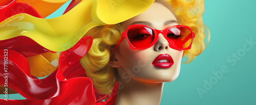 Stylish female model with oversized red sunglasses and vibrant red lips. Spectacular colorful advertising campaign