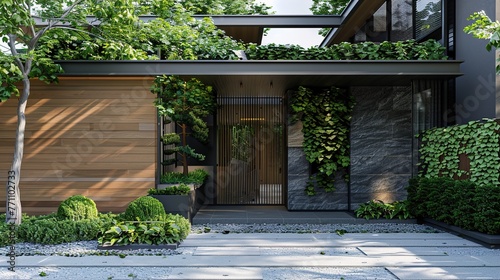 A main gate design with built-in planter boxes or greenery, adding a touch of natural beauty and eco-friendliness to the entrance of the modern house in photo