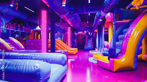bouncy house playground indoor, comic strip art, digital neon