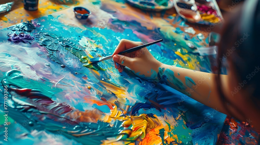 A person paints a large colorful painting with a brush