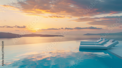 The soft glow of the setting sun bathes an infinity pool and tranquil sea in a warm light  conveying silence and repose