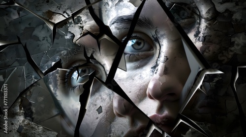 A woman's through a shattered mirror and Broken Glass