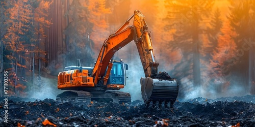 Excavator Digging Up Dirt on a Construction Site. Concept Construction Equipment, Earthwork, Excavation Process, Industrial Machinery