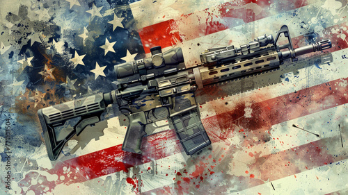 American flag and assault rifle,アメリカ国旗とアサルトライフル,Generative AI	 photo