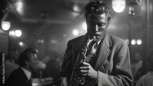 Jazz musician playing saxophone in a moody club setting, Concept of live music, passion, and soulful performance 