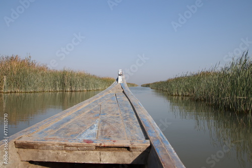 фотографія canoe in the chibayish marshes with cane and water in iraq