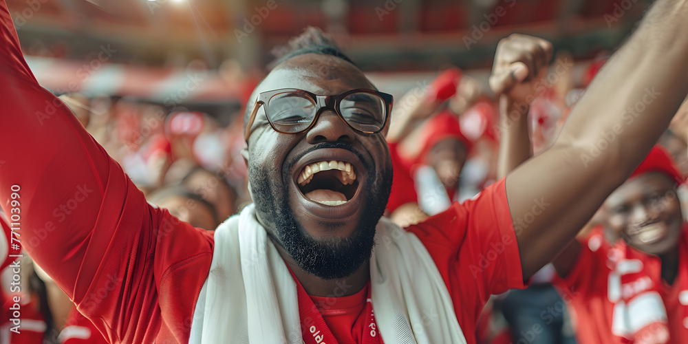 Excited african american football fan cheering for favourite team at soccer stadium - obrazy, fototapety, plakaty 