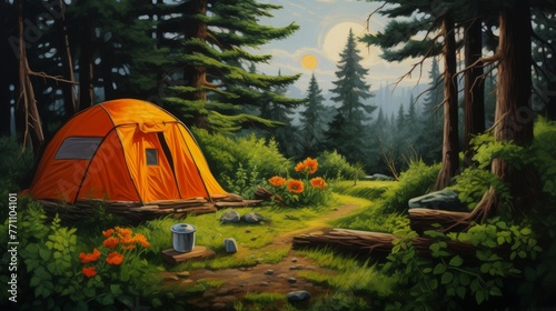 An orange tent with a sleeping bag, a kitchen set and a flashlight against the backdrop of a green clearing in the forest --ar 16:9 --quality 0.5 --v 5.2 Job ID: ffdea772-ac0f-4c27-83d0-4360fe819c85