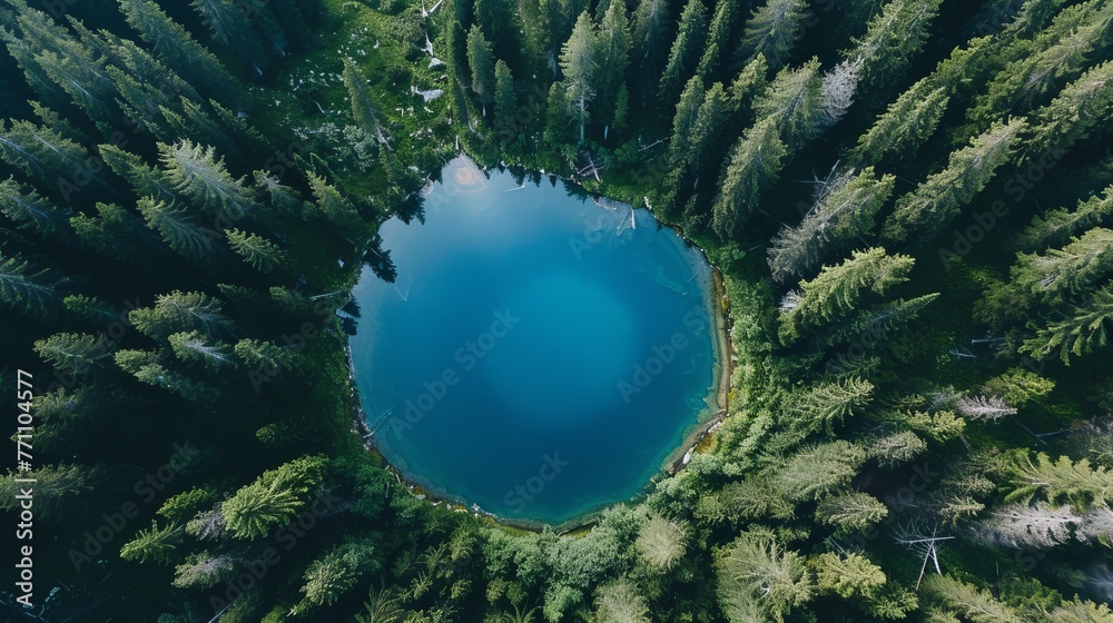 An aerial view captures a lake, strikingly circular in its form, mimicking the appearance of the Earth itself, encased within the embrace of a dense pine forest