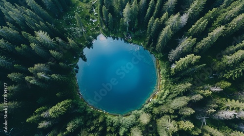 An aerial view captures a lake, strikingly circular in its form, mimicking the appearance of the Earth itself, encased within the embrace of a dense pine forest photo