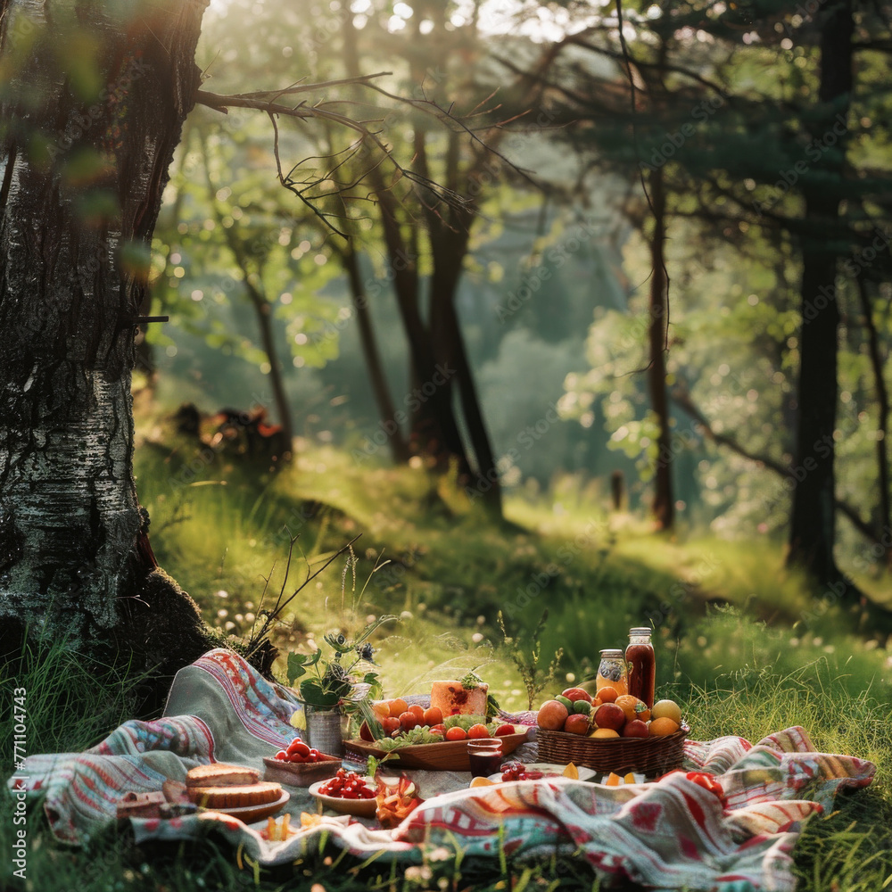 An idyllic outdoor picnic set against the backdrop of a sunlit forest, creating a peaceful and picturesque scene