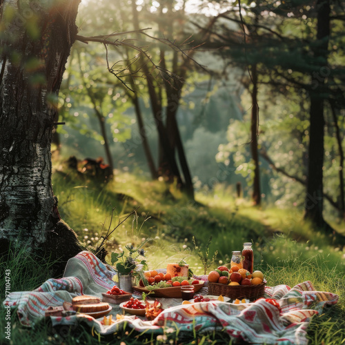 An idyllic outdoor picnic set against the backdrop of a sunlit forest, creating a peaceful and picturesque scene photo