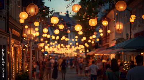 As the summer evening sets in, the street comes alive with the warm glow of spherical and oval lanterns hanging above photo