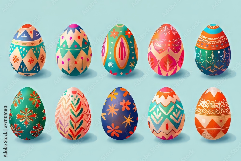 Vibrant illustrations of decorated Easter Eggs in various patterns and designs, Vibrant illustrations of decorated Easter Eggs in various patterns and designs,