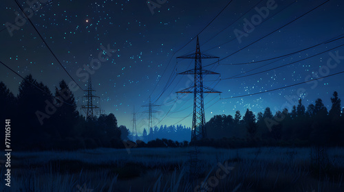 High voltage power lines in the field at night with stars