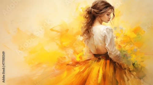 Woman in vintage dress painting with watercolors on canvas with spilled bright colors on yellow background, no text, no inscriptions, no advertisements, --ar 16:9 --quality 0.5 --v 5.2 Job ID photo