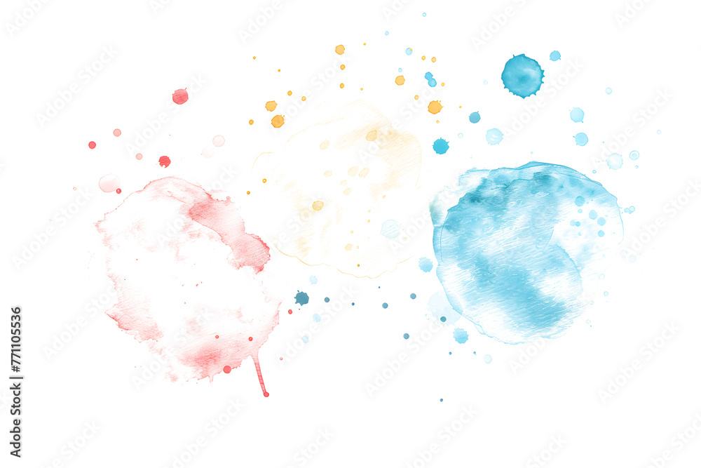 Soft pastel watercolor splotches and dots on white background.