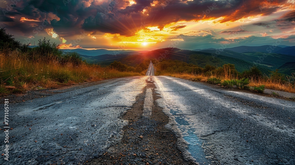 Open road at sunset leading through a scenic landscape, Concept of travel, journey, and the freedom of the open road
 - obrazy, fototapety, plakaty 