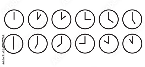 Vector clocks in medium stroke style showing each hour , illustrator black and white, icon, time passing, time