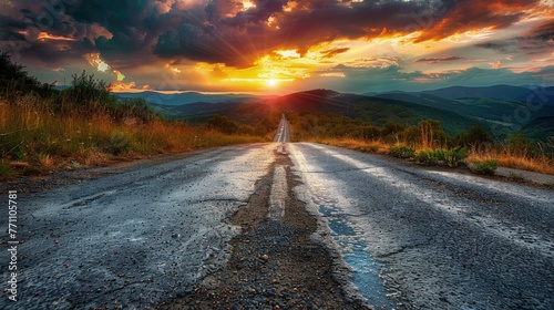 Open road at sunset leading through a scenic landscape, Concept of travel, journey, and the freedom of the open road 
