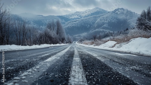 Wintry road leading through a snow-covered landscape towards mountains, Concept of winter journey and natural beauty 