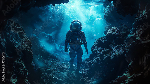  Astronaut diving or walking in an Underwater World Cave.