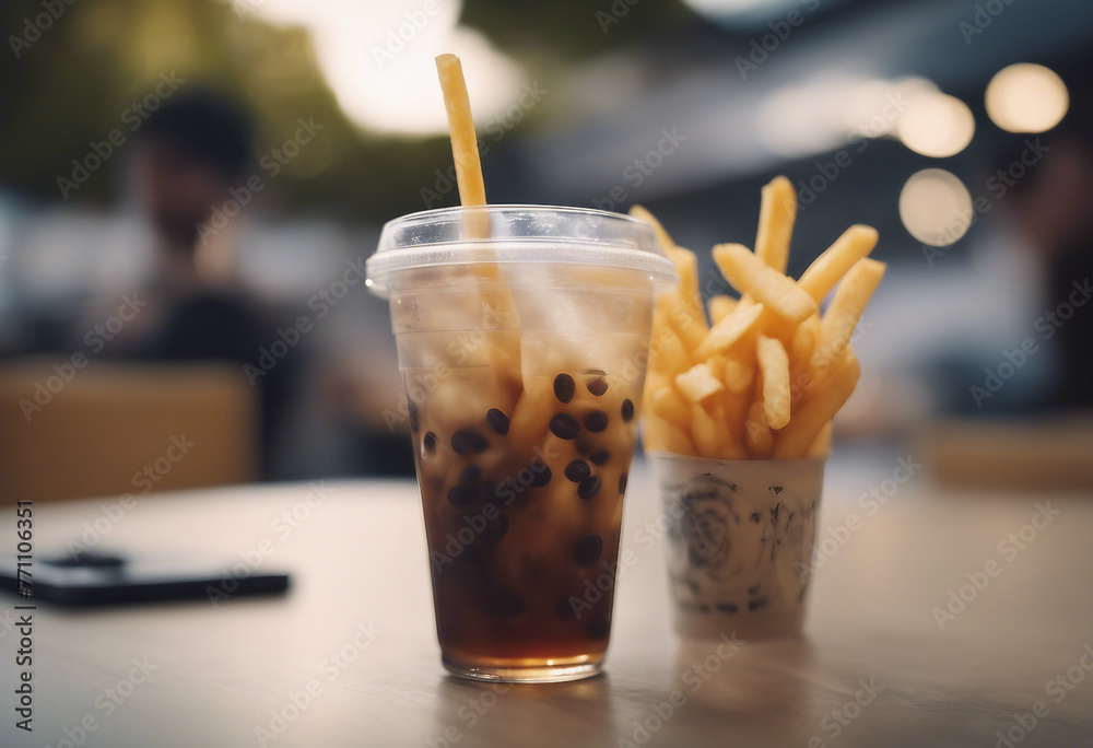 Iced Beverage With Tea And Black Beans fries french fry plastic cup Iced Beverage With Tea And Black Beans fries french fry plastic cup