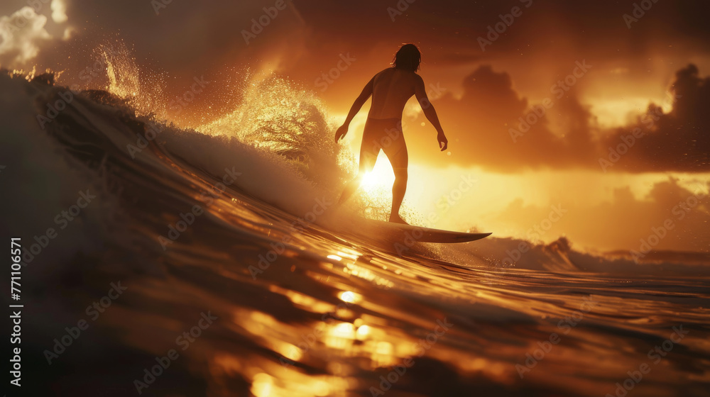 A captivating image of a surfer's silhouette against the backdrop of a warm sunset, water glistening, and waves in motion