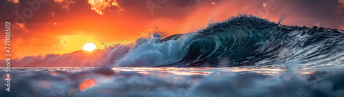 A surf scene with a massive barrel wave highlighting the sun setting in the background, evoking awe and power