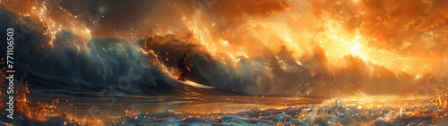A fiery golden wave with a surfer in action during a breathtaking sunset, suggesting adventure and power