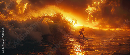 An athlete catches a wave, skillfully balancing against the warm backdrop of a sunset sky