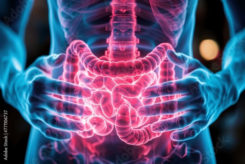 A person's internal organs are shown in a blue and red color scheme, pain concept