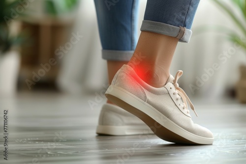 A woman wearing a white shoe with a red bandage on her foot, pain concept