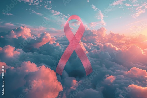 A pink ribbon is displayed in the sky, symbolizing breast cancer awareness photo