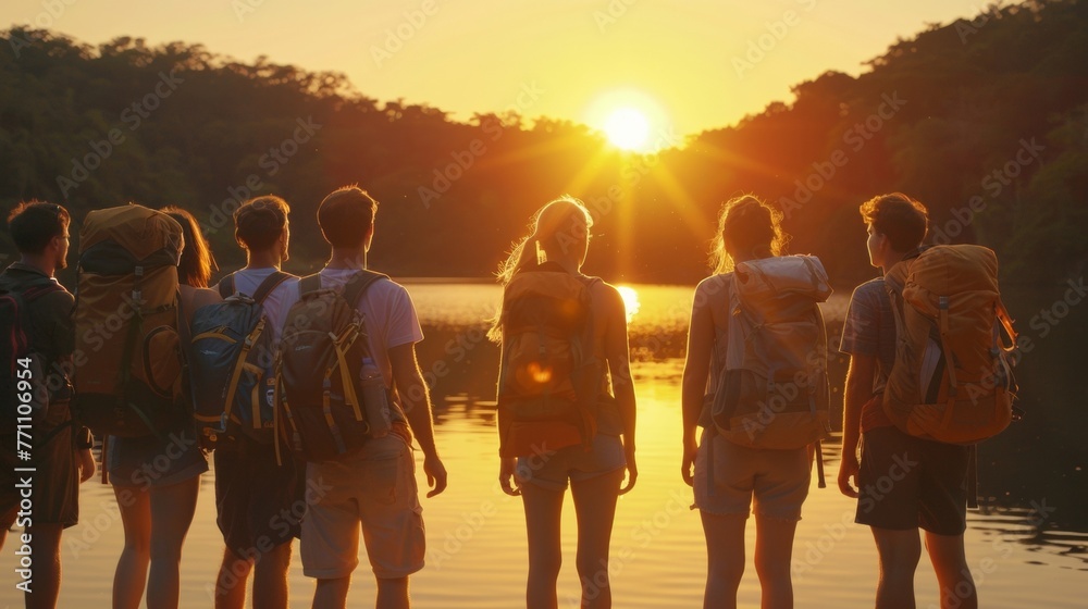 A group of hikers all facing away from the camera marveling at the beauty of the sun setting over the tranquil waters of Tranquil . .
