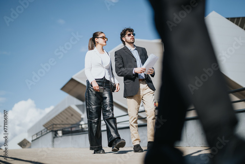 Diverse business colleagues engaged in a strategic outdoor meeting, focusing on marketing, sales, and profit growth.