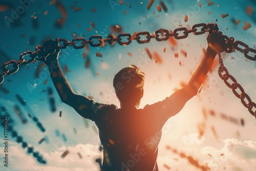 man breaking chains to become free and independent