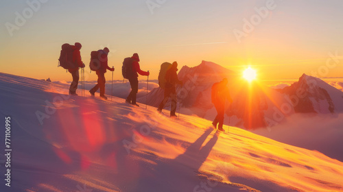 A majestic view of a group of hikers with backpacks traversing a snowy mountain during a vibrant sunrise © Daniel