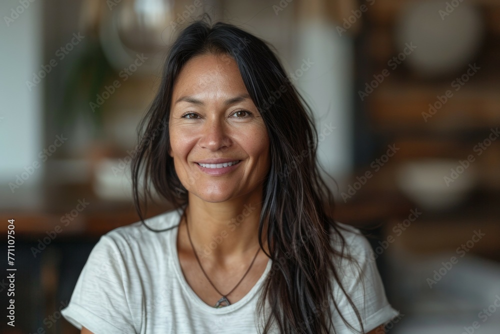 A woman with long hair is smiling and wearing a white shirt A woman with long hair is smiling and wearing a white shirt