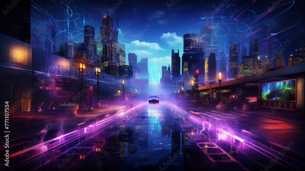 cyberpunk elements and the introduction of neural networks into all aspects of life, from smart homes to autonomous vehicles, black background, no text, no inscriptions, no advertisements --ar 16:9 -