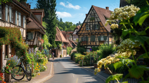 This vibrant image showcases a quaint European village street lined with traditional half-timbered houses and summer blooms photo