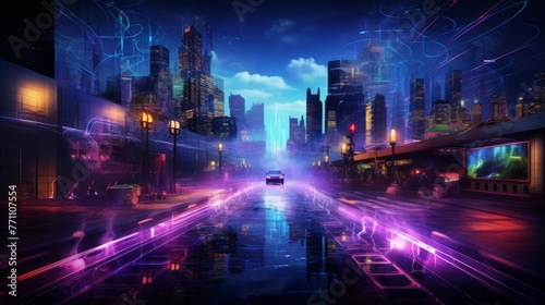 cyberpunk elements and the introduction of neural networks into all aspects of life  from smart homes to autonomous vehicles  black background  no text  no inscriptions  no advertisements --ar 16 9 -